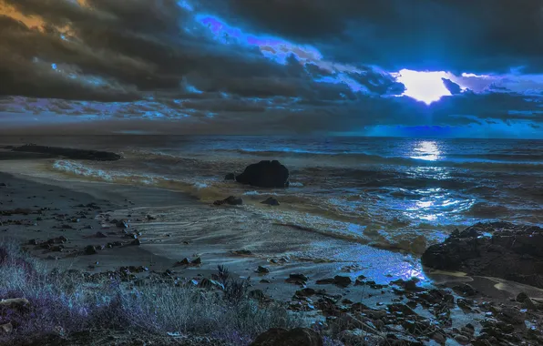Море, небо, облака, тучи, камни, вечер, прибой