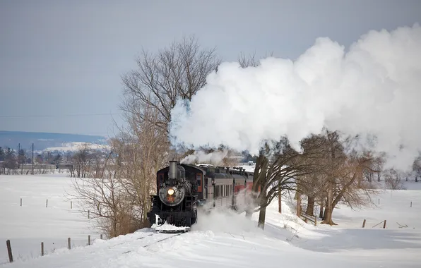 Зима, паровоз, железная дорога