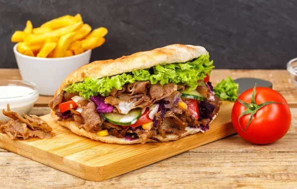 Картинка fast food, fries, french fries, flatbread, beef, fastfood, doner kebab