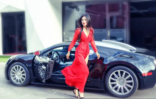 Девушка, Bugatti, автомобиль, в красном, походка