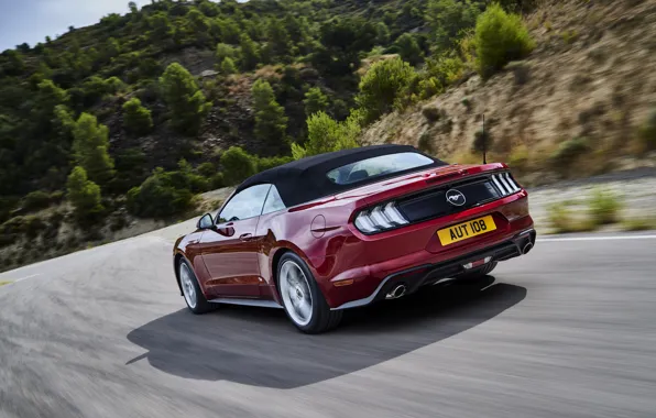 Картинка Ford, сзади, кабриолет, 2018, тёмно-красный, мягкий верх, Mustang Convertible