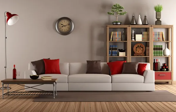 Картинка диван, часы, интерьер, подушки, библиотека, старинные, гостиная, living room