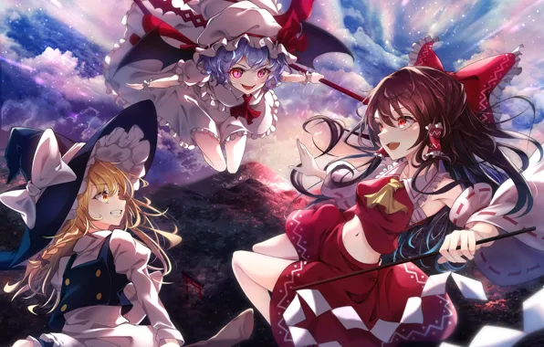Небо, девушки, Touhou Project, Marisa Kirisame, Remilia Scarlet, Reimu Hakurei