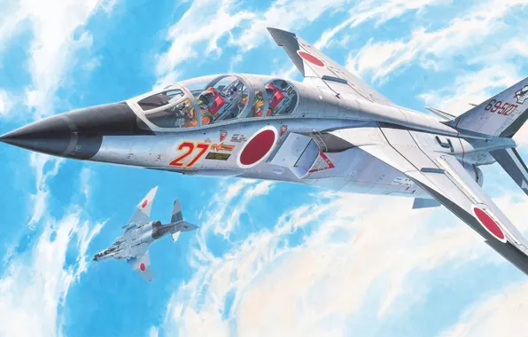 War, art, painting, Mitsubishi T-2, japanese jet