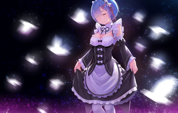 Девушка, демон, anime, горничная, art, Rem, почтение, Re: Zero kara Hajimeru Isekai Seikatsu