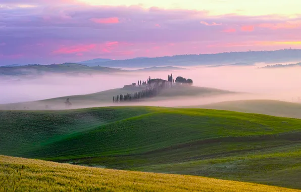 Картинка grass, sky, trees, field, landscape, Italy, nature, mountains