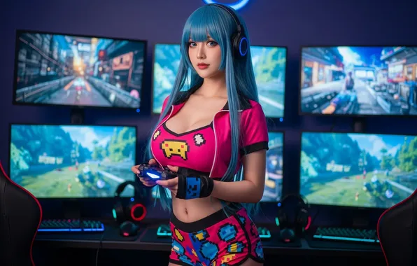 Asian, headphones, monitor, blue hair, LEDs, controllers, AI art