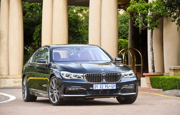 Газон, BMW, дорожка, арка, колонны, фонтан, особняк, 730d