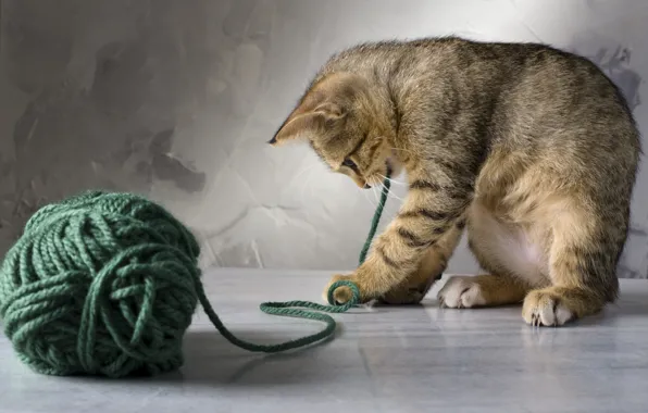 Картинка кошка, кот, клубок, котенок, зеленые, нитки, играет, полосатая