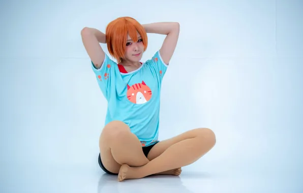 Short hair, model, women, sitting, on the floor, hands on head, arms up, women indoors