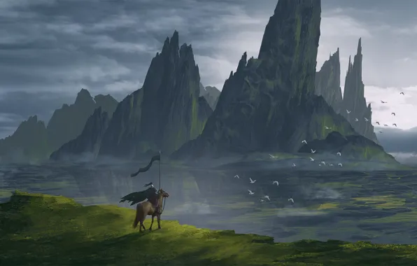 Горы, Пейзаж, Арт, Art, Landscape, Рыцарь, Mountains, Knight