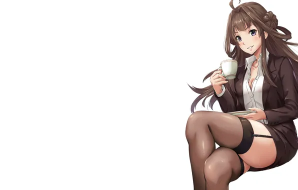 Картинка girl, sexy, cleavage, blouse, thighhighs, long hair, brown hair, boobs