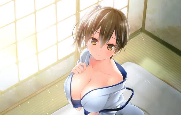 Girl, sexy, cleavage, dress, brown hair, boobs, anime, beautiful