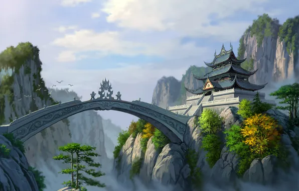 Картинка облака, мост, скалы, азия, высота, арт, храм, jade dynasty