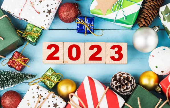 Шарики, цифры, Новый год, яркие цвета, дата, 2023, Новый 2023 год