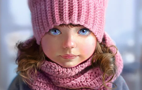 Лицо, шапка, портрет, шарф, девочка, веснушки, розовые, голубые глаза