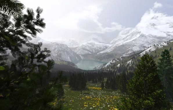 Картинка снег, деревья, горы, природа, озеро, долина, арт, пик