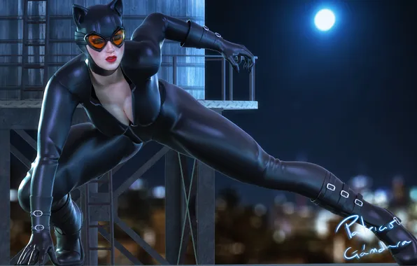 Грудь, ночь, луна, маска, арт, очки, костюм, Catwoman