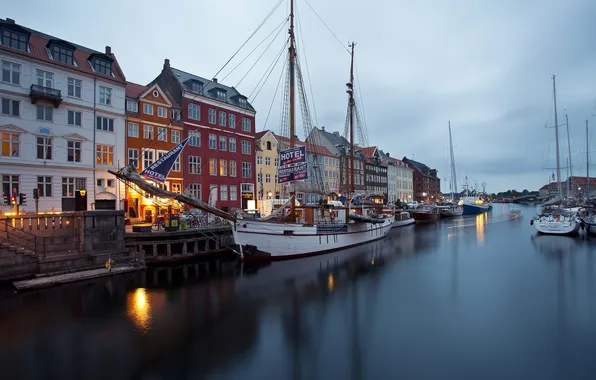 Здания, парусник, яхты, причал, Дания, набережная, Denmark, Copenhagen