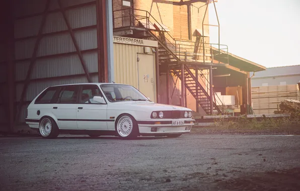 BMW, white, wagon, E30