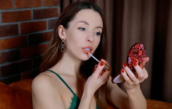 Long hair, model, brunette, red lips, gorgeous, photoshoot, posing, closeup