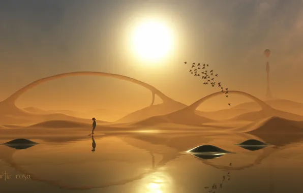 Картинка солнце, птицы, отражение, фантазия, пустыня, мальчик, арт
