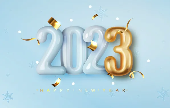 Снежинки, цифры, Новый год, позолота, голубой фон, дата, объемные, 2023