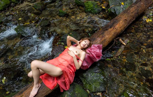 Asian, Model, Water, Woman, River, Nude, Naked, Lying Down