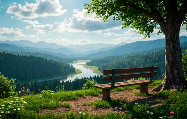 Горы, река, дерево, обои, вид, долина, лавочка, wallpaper