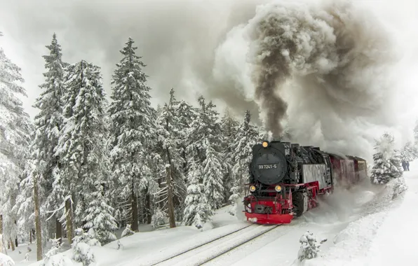 Картинка зима, снег, деревья, дым, рельсы, поезд, паровоз, ели
