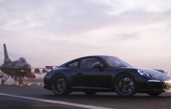 Рендеринг, 911, Porsche, вид сбоку, F-16, 2018, CGI, Carrera T