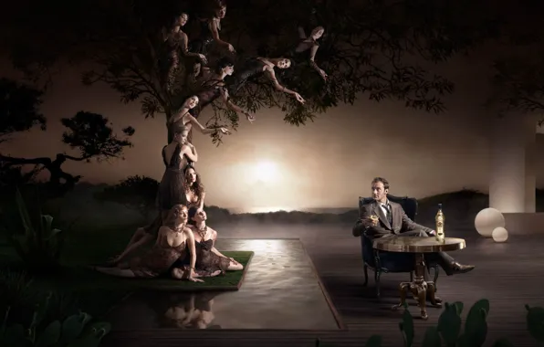 Картинка женщины, закат, стол, дерево, рисунок, алкоголь, мужчина