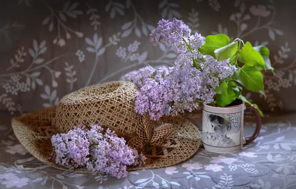 Листья, цветы, ветки, стол, фотография, букет, весна, шляпа