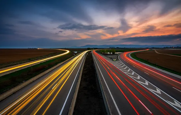 Картинка дорога, огни, вечер