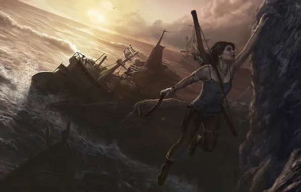 Картинка скала, океан, игра, корабль, лук, арт, Tomb Raider, game