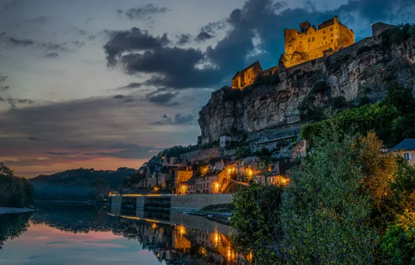 Скала, отражение, река, замок, Франция, деревня, France, Dordogne River
