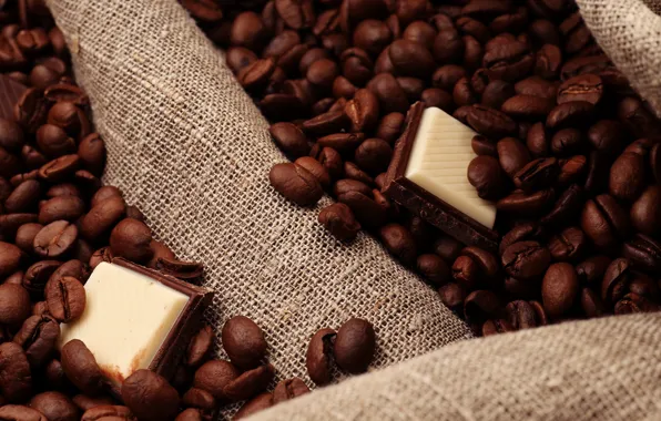 Кофе, шоколад, зерна, дольки, chocolate, coffee