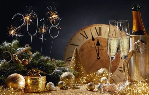 Украшения, ночь, шары, часы, елка, Новый Год, бокалы, шампанское