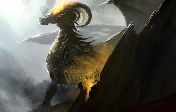 Картинка скала, фантастика, огонь, дракон, крылья, арт, лава, рога