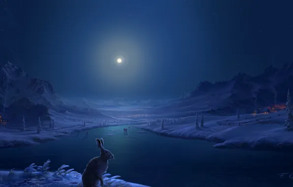 Картинка зима, снег, горы, река, люди, заяц, дома, Луна