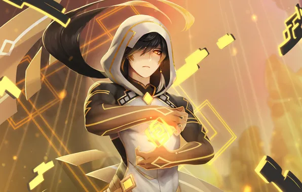 Взгляд, девушка, магия, капюшон, Anime, Fanart, летающие объекты, Genshin Impact