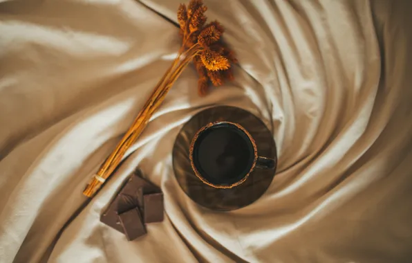 Кофе, шоколад, дольки, chocolate, какао, bed, coffee, кофе в постель