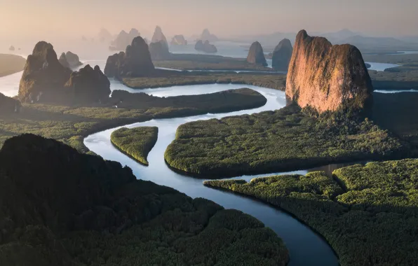 Картинка river, landscape, jungle, nature, mountains, phang nga bay