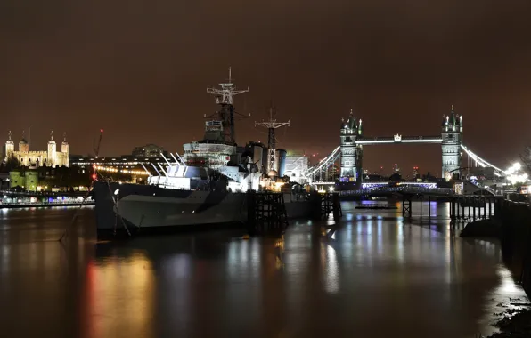 Город, огни, здание, Tower Bridge, London, HMS Belfast