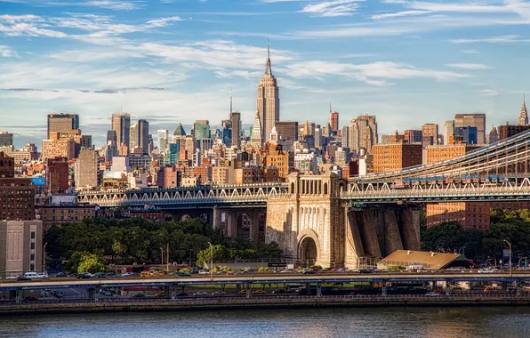 City, USA, coast, Manhattan, Manhattan Bridge, New-York, East River, Empire state building