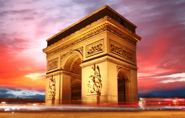 Небо, Франция, Париж, вечер, Arc de Triomphe, Триумфальная арка