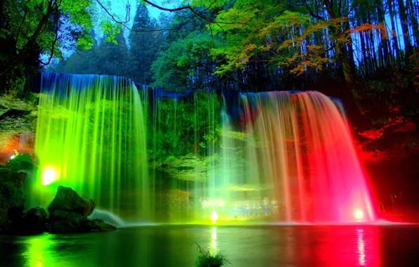 Картинка деревья, огни, парк, камни, цветные, водопад, вечер, подсветка