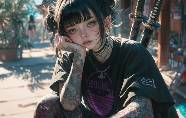 Girl, Beautiful, Anime, Tattoo, Katana, Beautiful Girl, Anime Girl, AI Art