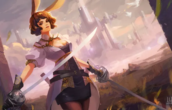 Картинка девушка, город, оружие, меч, арт, уши