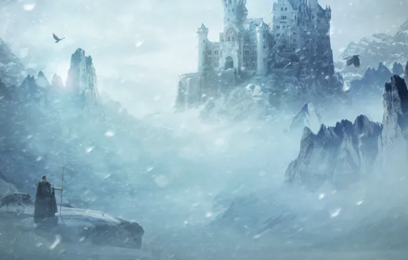 Картинка снег, горы, птицы, замок, волк, мужчина, посох, крепость